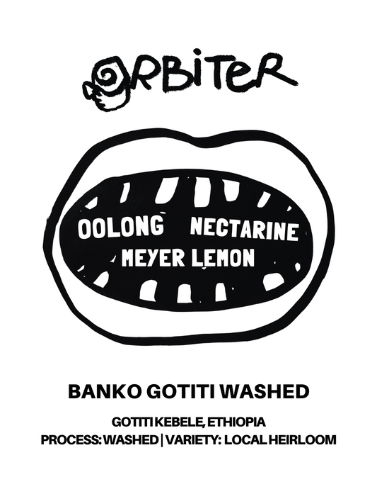 Coffee label with a mouth graphic and text detailing coffee type and roast information.